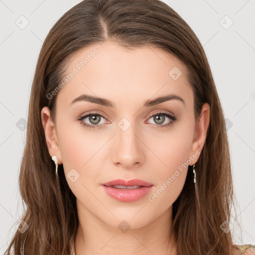 Neutral white young-adult female with long  brown hair and brown eyes