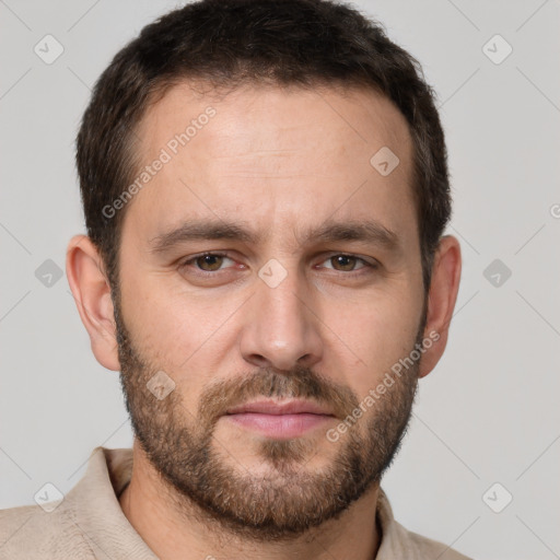 Neutral white young-adult male with short  brown hair and brown eyes