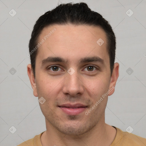 Joyful white young-adult male with short  brown hair and brown eyes