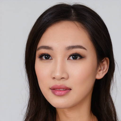 Neutral asian young-adult female with long  brown hair and brown eyes