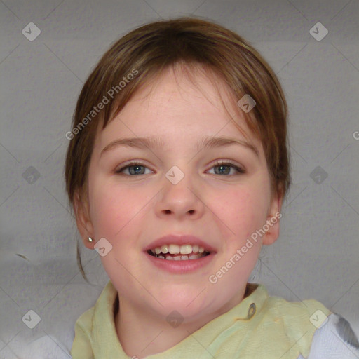 Joyful white child female with medium  brown hair and brown eyes