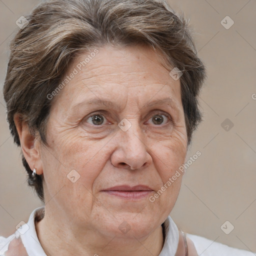 Joyful white middle-aged female with short  brown hair and brown eyes