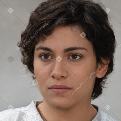 Neutral white young-adult female with medium  brown hair and brown eyes