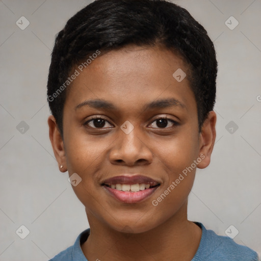 Joyful black young-adult female with short  black hair and brown eyes