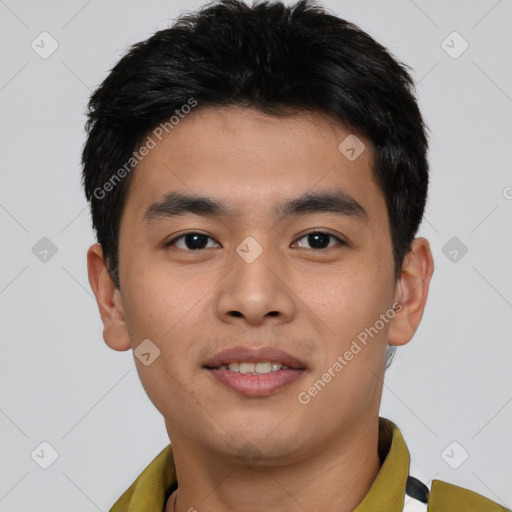 Joyful asian young-adult male with short  brown hair and brown eyes