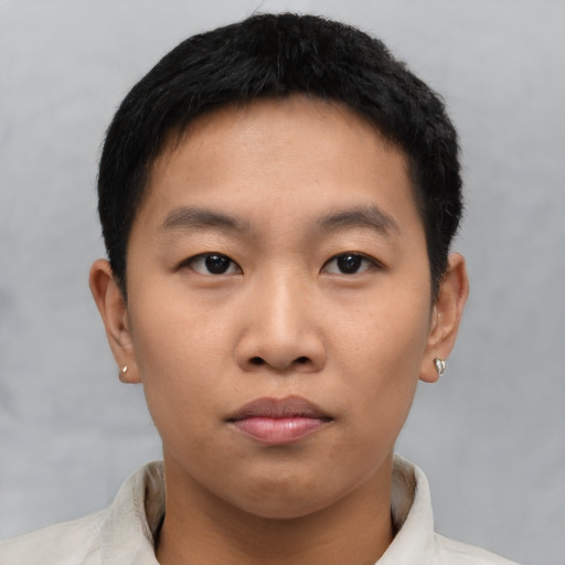Neutral asian young-adult male with short  black hair and brown eyes