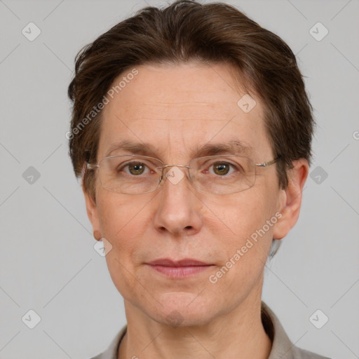 Joyful white adult male with short  brown hair and grey eyes