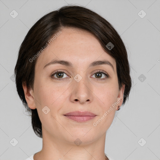 Joyful white young-adult female with medium  brown hair and green eyes