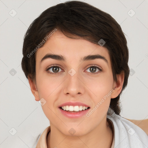 Joyful white young-adult female with short  brown hair and brown eyes