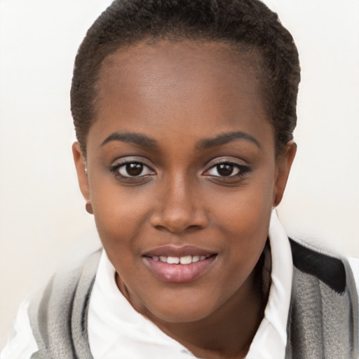 Joyful black young-adult female with short  brown hair and brown eyes