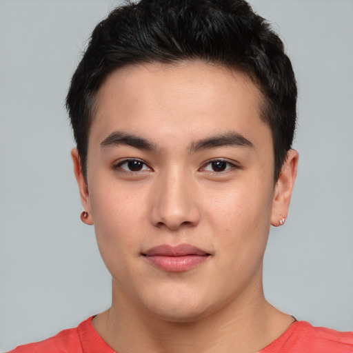 Neutral asian young-adult male with short  brown hair and brown eyes