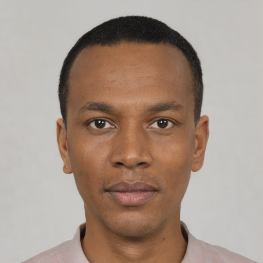 Neutral black young-adult male with short  black hair and brown eyes