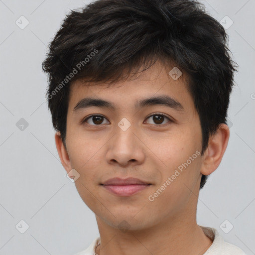 Neutral asian young-adult male with short  brown hair and brown eyes