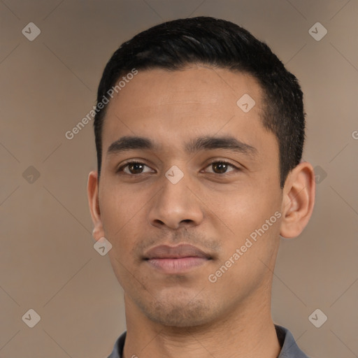 Neutral latino young-adult male with short  black hair and brown eyes