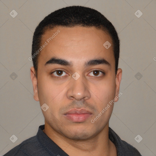 Neutral latino young-adult male with short  black hair and brown eyes