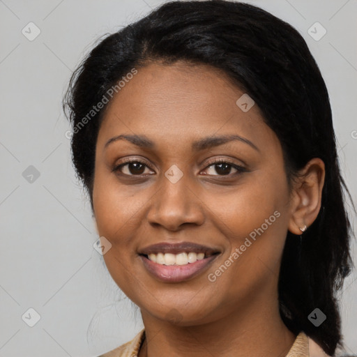 Joyful latino young-adult female with medium  black hair and brown eyes