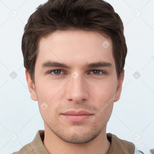 Neutral white young-adult male with short  brown hair and brown eyes