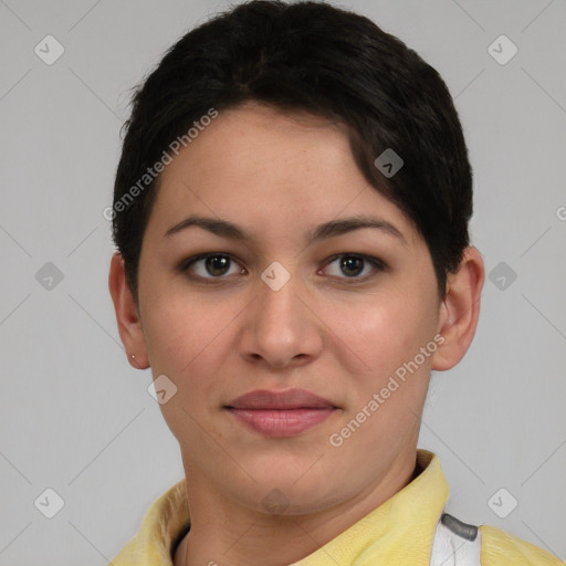 Joyful white young-adult female with short  brown hair and brown eyes