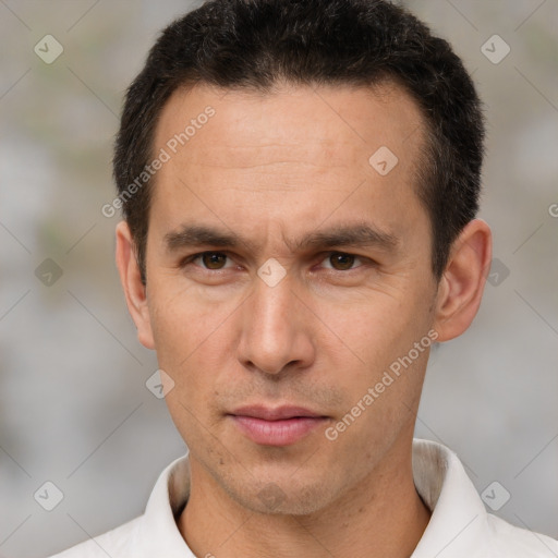 Neutral white adult male with short  brown hair and brown eyes