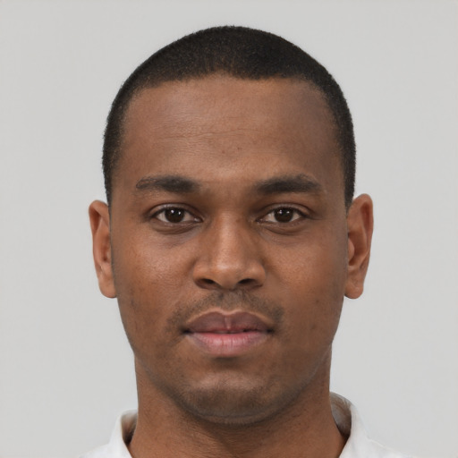 Neutral black young-adult male with short  black hair and brown eyes