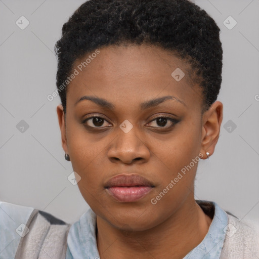 Neutral black young-adult female with short  black hair and brown eyes