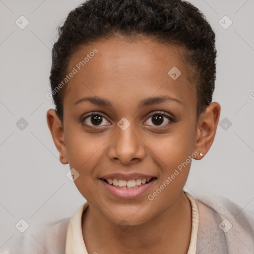 Joyful white child female with short  brown hair and brown eyes