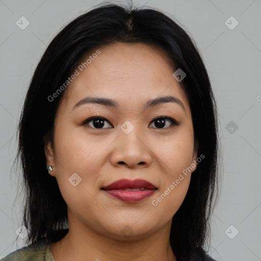 Joyful asian young-adult female with medium  brown hair and brown eyes