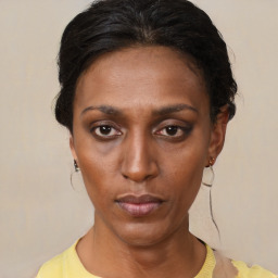Neutral black young-adult female with short  black hair and brown eyes
