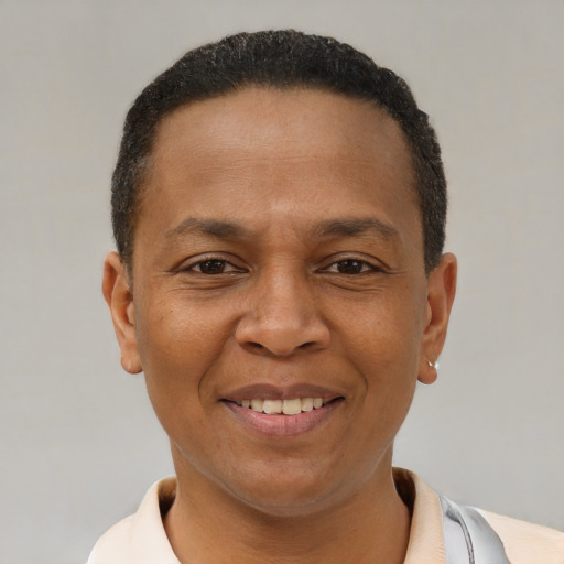 Joyful latino adult male with short  brown hair and brown eyes