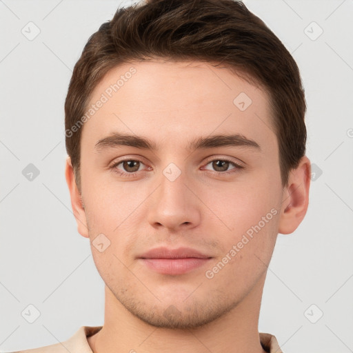 Neutral white young-adult male with short  brown hair and brown eyes