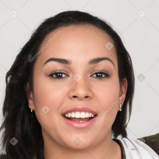 Joyful white young-adult female with long  black hair and brown eyes