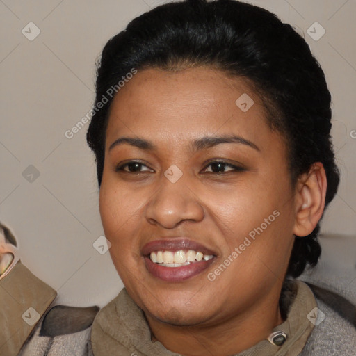 Joyful latino young-adult female with short  black hair and brown eyes