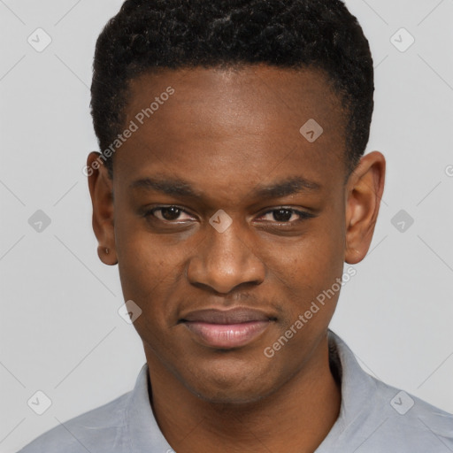 Joyful black young-adult male with short  brown hair and brown eyes