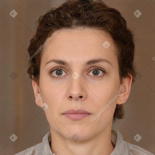 Neutral white young-adult female with short  brown hair and brown eyes