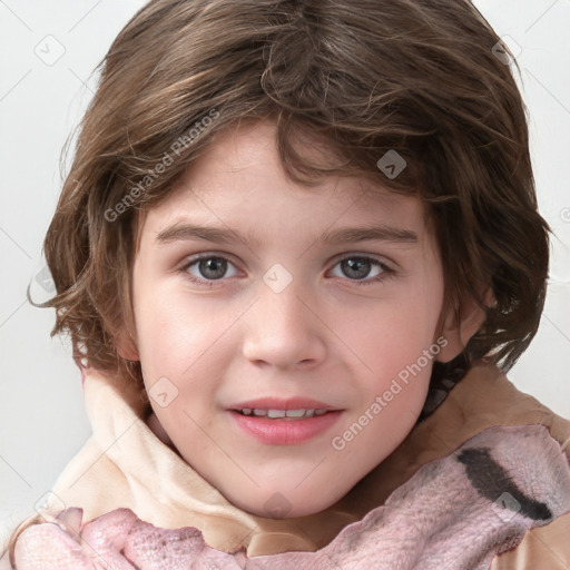 Joyful white child female with medium  brown hair and blue eyes