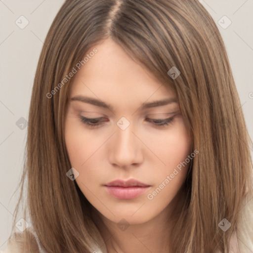 Neutral white young-adult female with long  brown hair and brown eyes