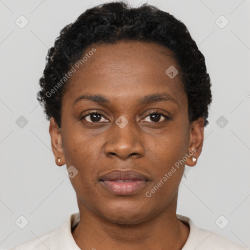 Neutral black young-adult female with short  black hair and brown eyes