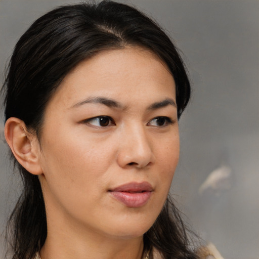 Neutral asian young-adult female with medium  brown hair and brown eyes