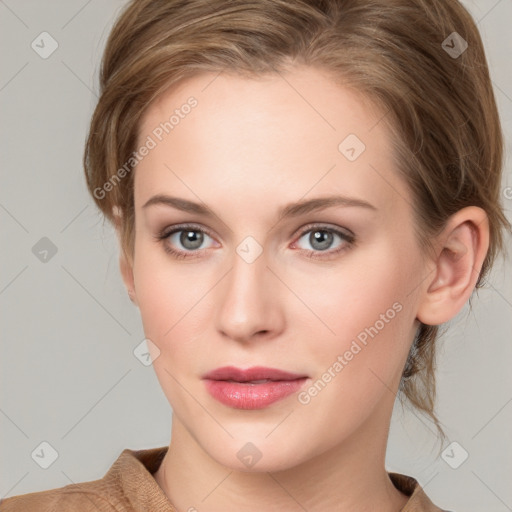 Neutral white young-adult female with medium  brown hair and grey eyes