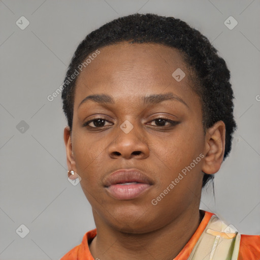 Neutral black young-adult female with short  brown hair and brown eyes