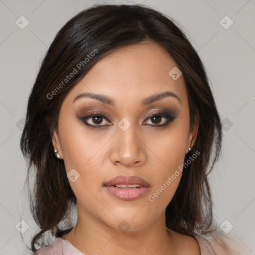 Joyful white young-adult female with medium  brown hair and brown eyes