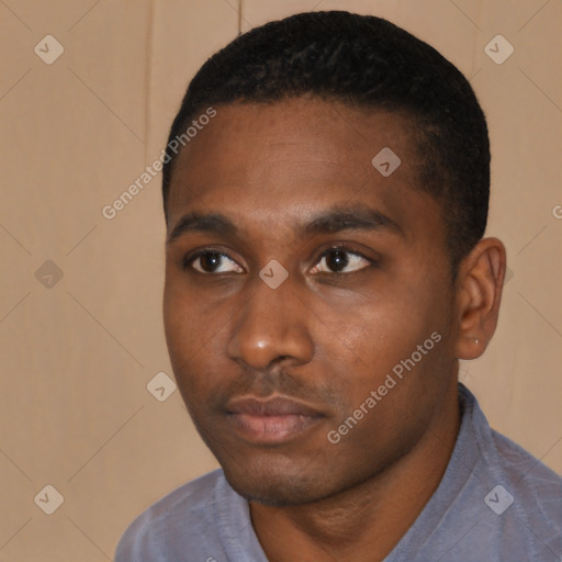 Neutral black young-adult male with short  black hair and brown eyes