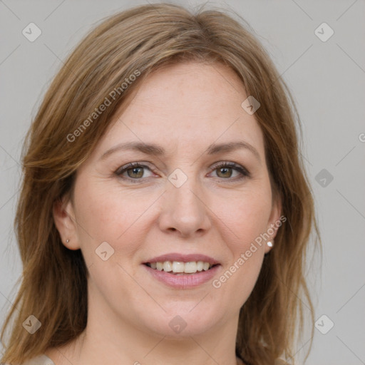 Joyful white young-adult female with medium  brown hair and green eyes