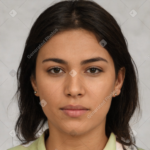 Neutral white young-adult female with medium  brown hair and brown eyes