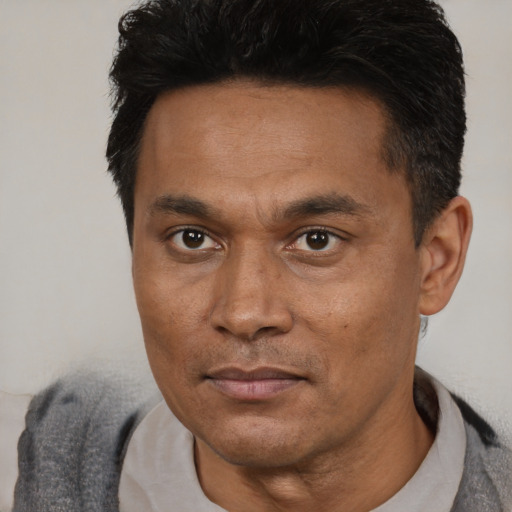 Joyful asian adult male with short  black hair and brown eyes