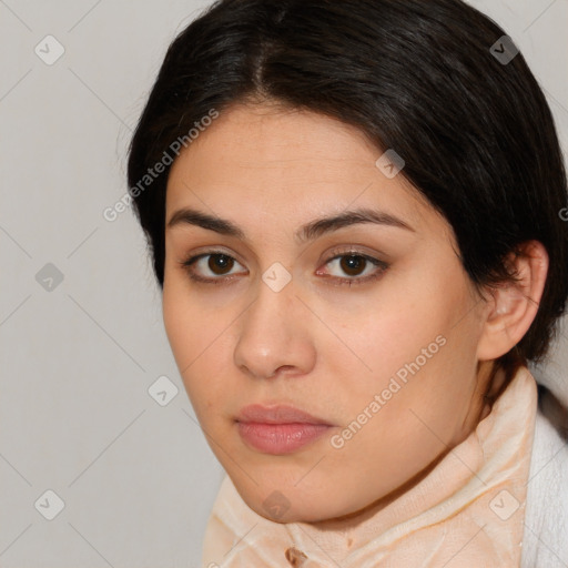 Neutral white young-adult female with medium  brown hair and brown eyes