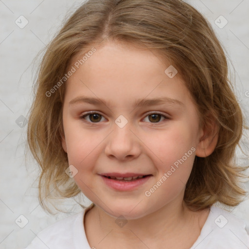 Joyful white child female with medium  brown hair and brown eyes