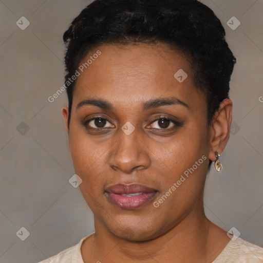 Joyful black young-adult female with short  black hair and brown eyes