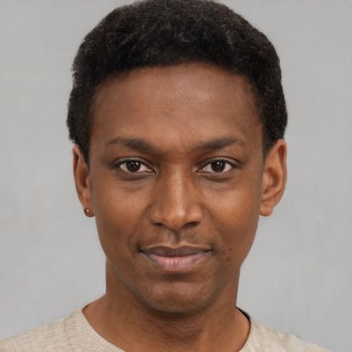 Neutral black young-adult male with short  black hair and brown eyes