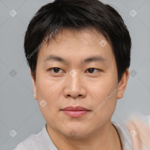 Neutral asian young-adult male with short  brown hair and brown eyes